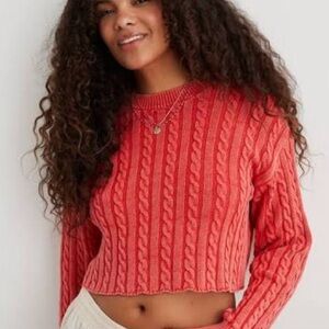 Aerie Coral/Red Cropped Cable Knit Sweater